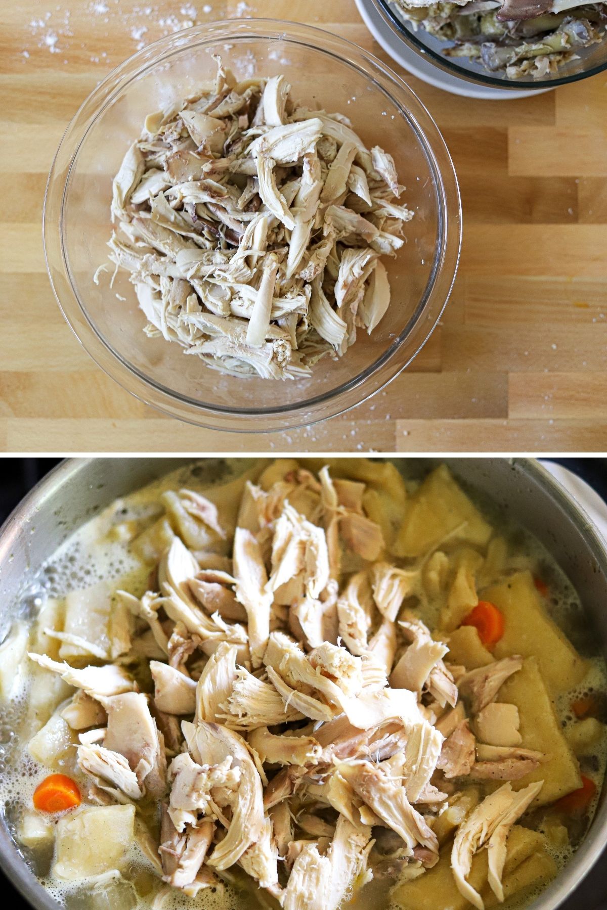 a two image collage showing cooked chicken after being removed from the bone, and then added to a pot of cooked dumplings.