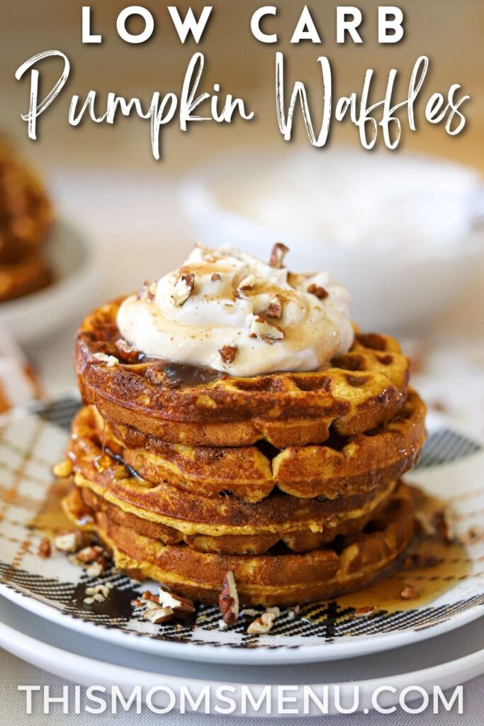Stacked pumpkin waffles with a text overlay