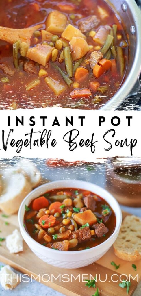 a two photo collage showing homemade vegetable soup with beef in an instant pot.