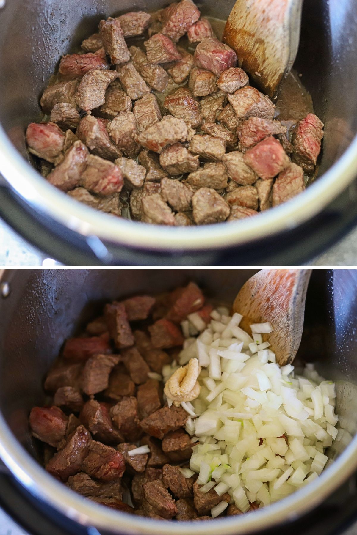 steps two and three for making a beef and vegetable soup in an instant pot. One image is beef stew meat browning in the instant pot, and the other is the same but with the addition of onions. 