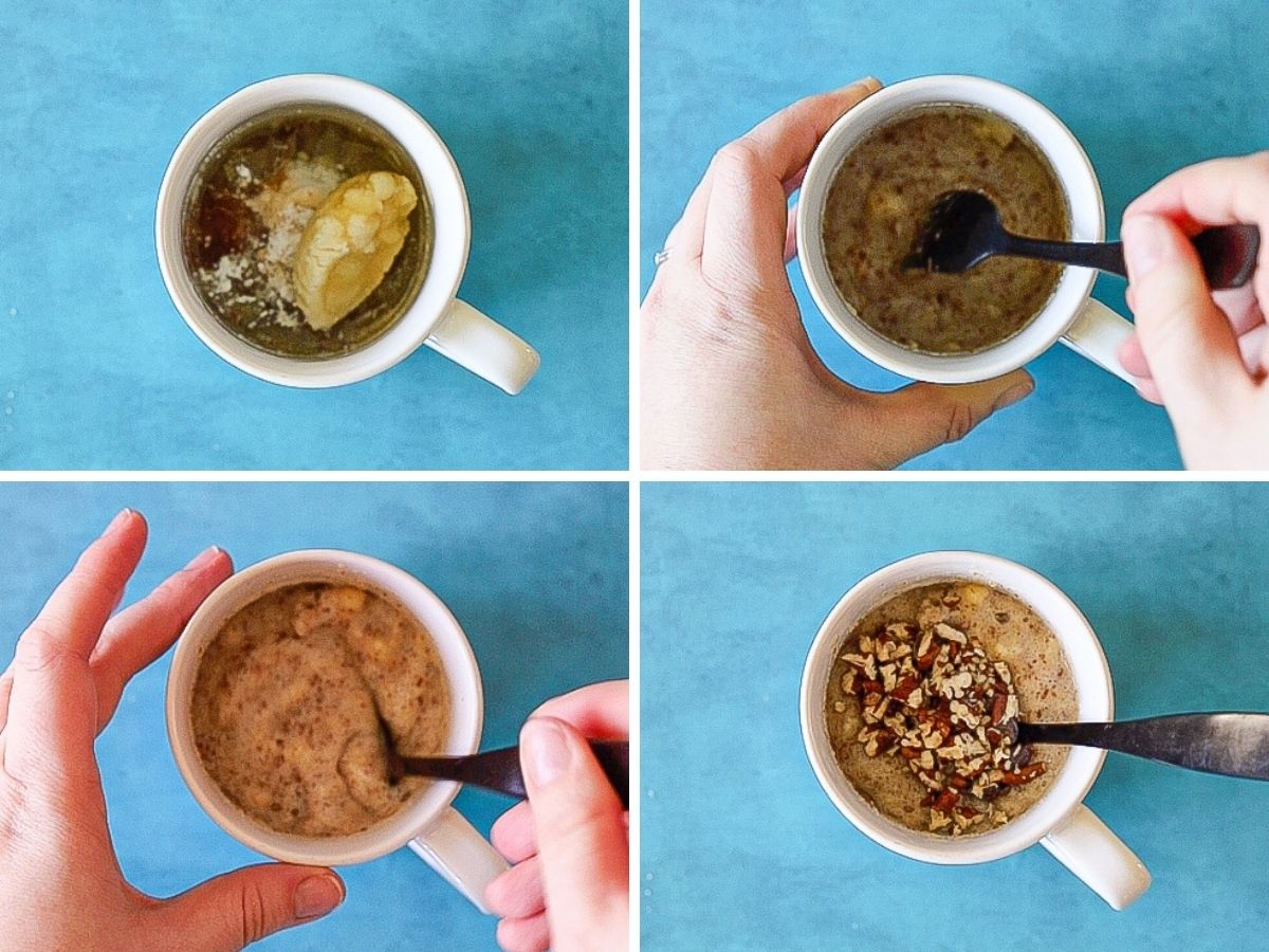 a four image photo collage showing steps one and two for making a banana mug cake.