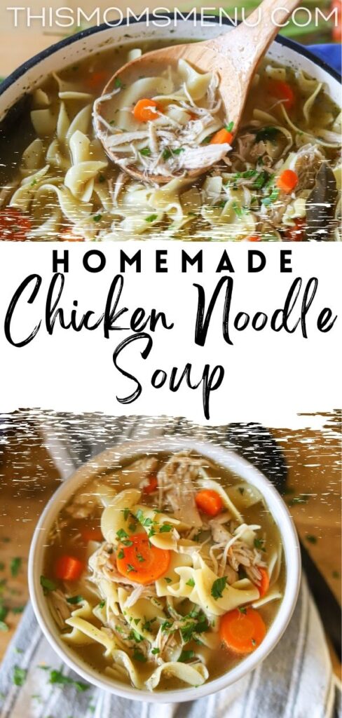 two images of chicken noodle soup being made