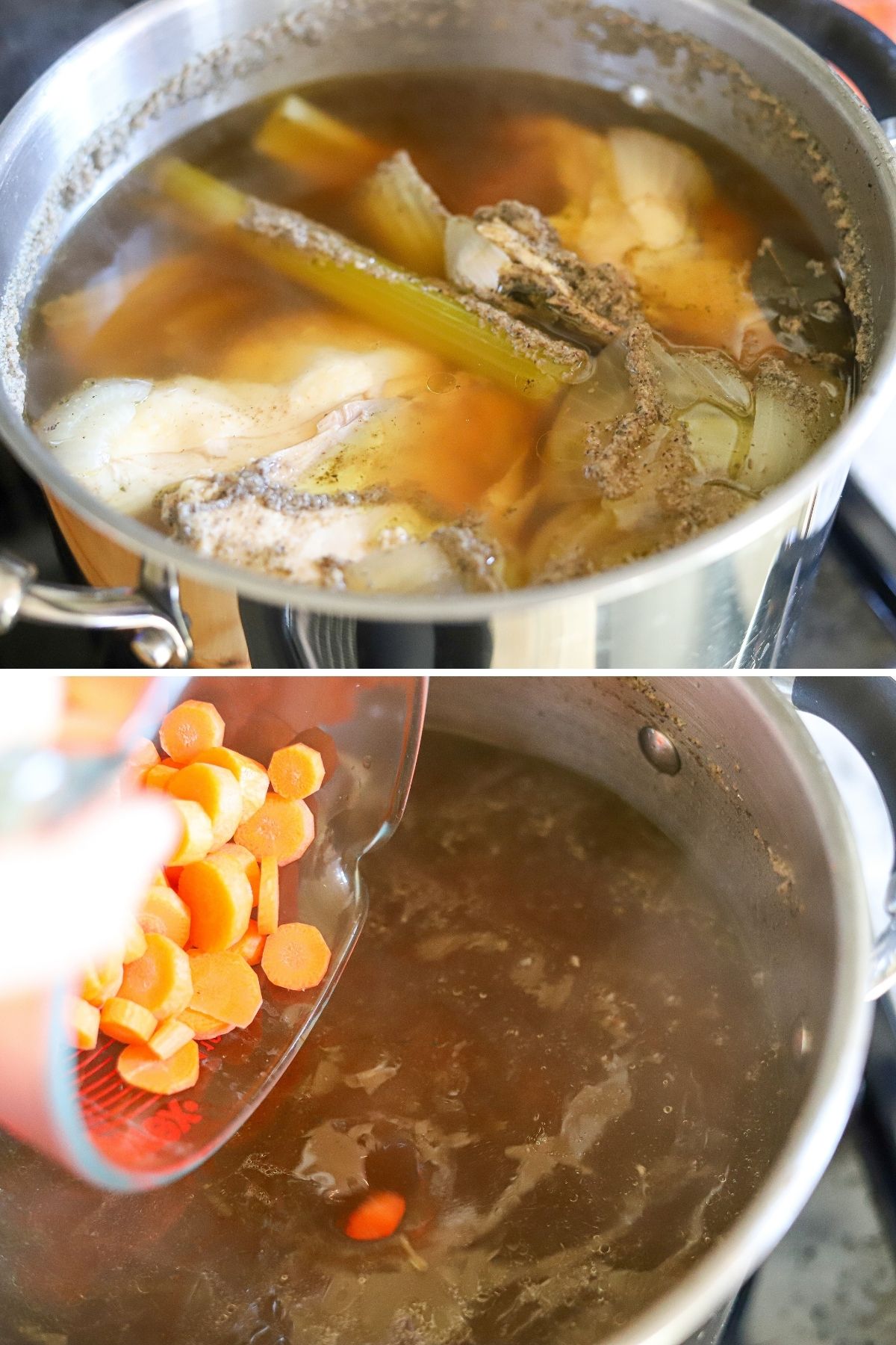 two images showing how to make chicken noodle soup from scratch.