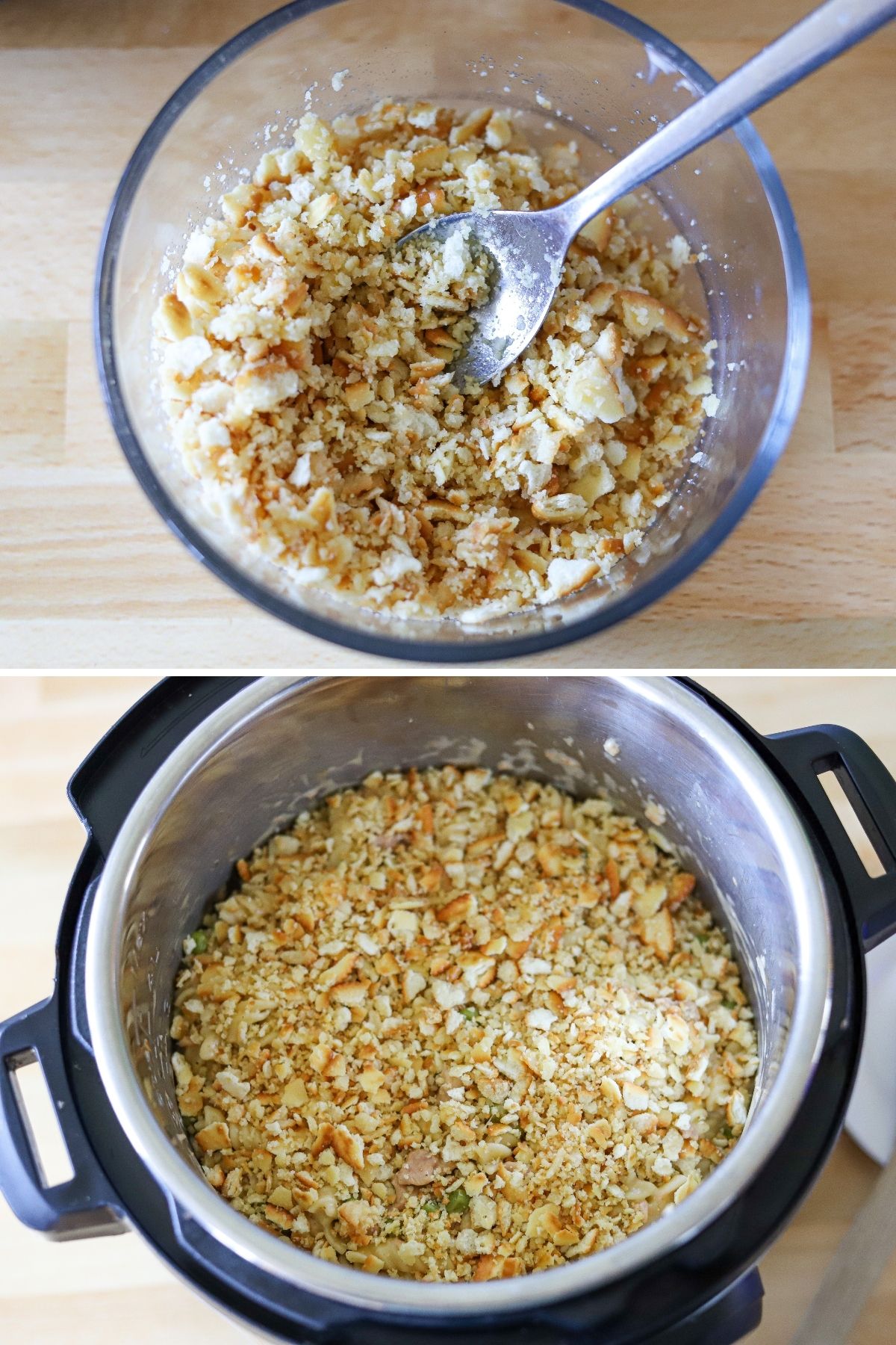 two images showing a crispy topping for an instant pot tuna casserole