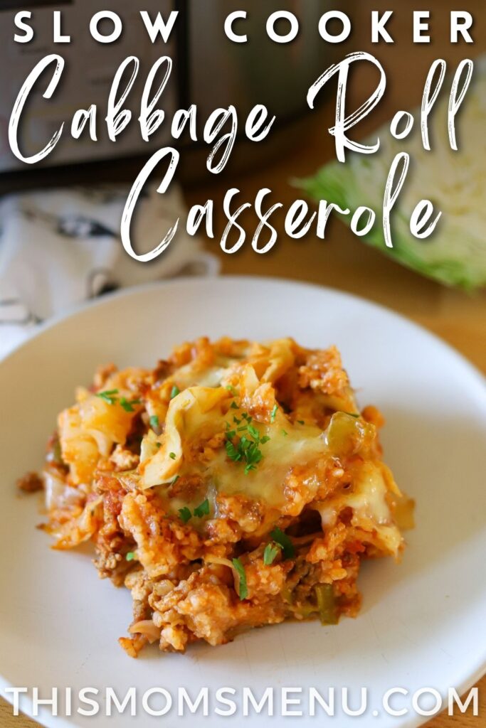 a serving of cabbage roll casserole on a white plate with text overlay.
