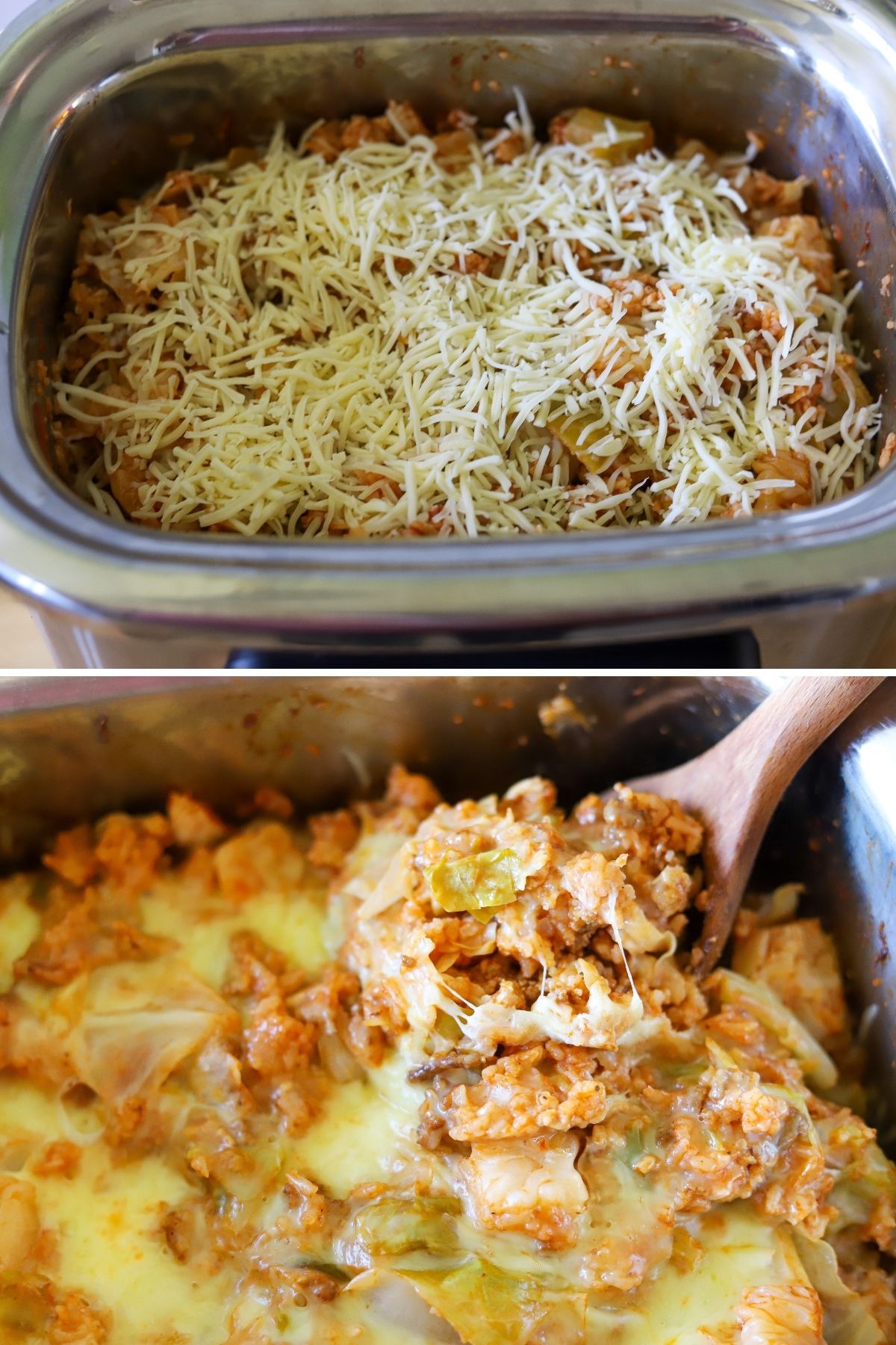 two images showing shredded cheese on a cabbage roll casserole in a crock pot before and after the cheese has melted.