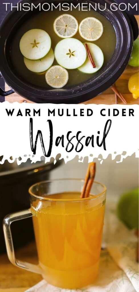 two images of wassail being made and served from a crockpot with a text overlay