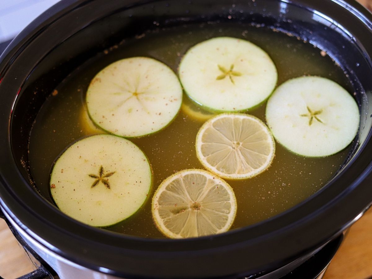 Ingredients for wassail in a slow cooker