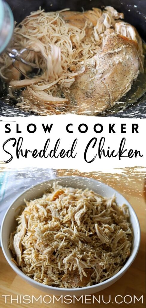 two images of slow cooker shredded chicken with test in the center.