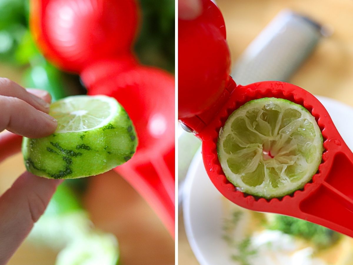 two images showing the best way to juice a lime with a red press juicer