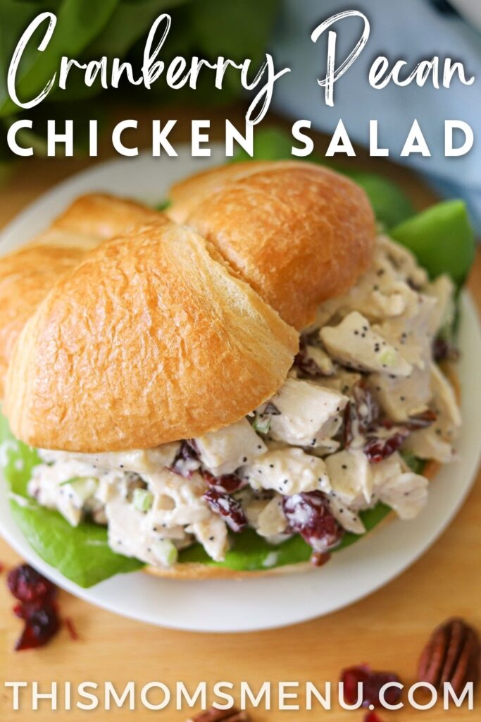 chicken salad with cranberries and pecans on a sliced croissant