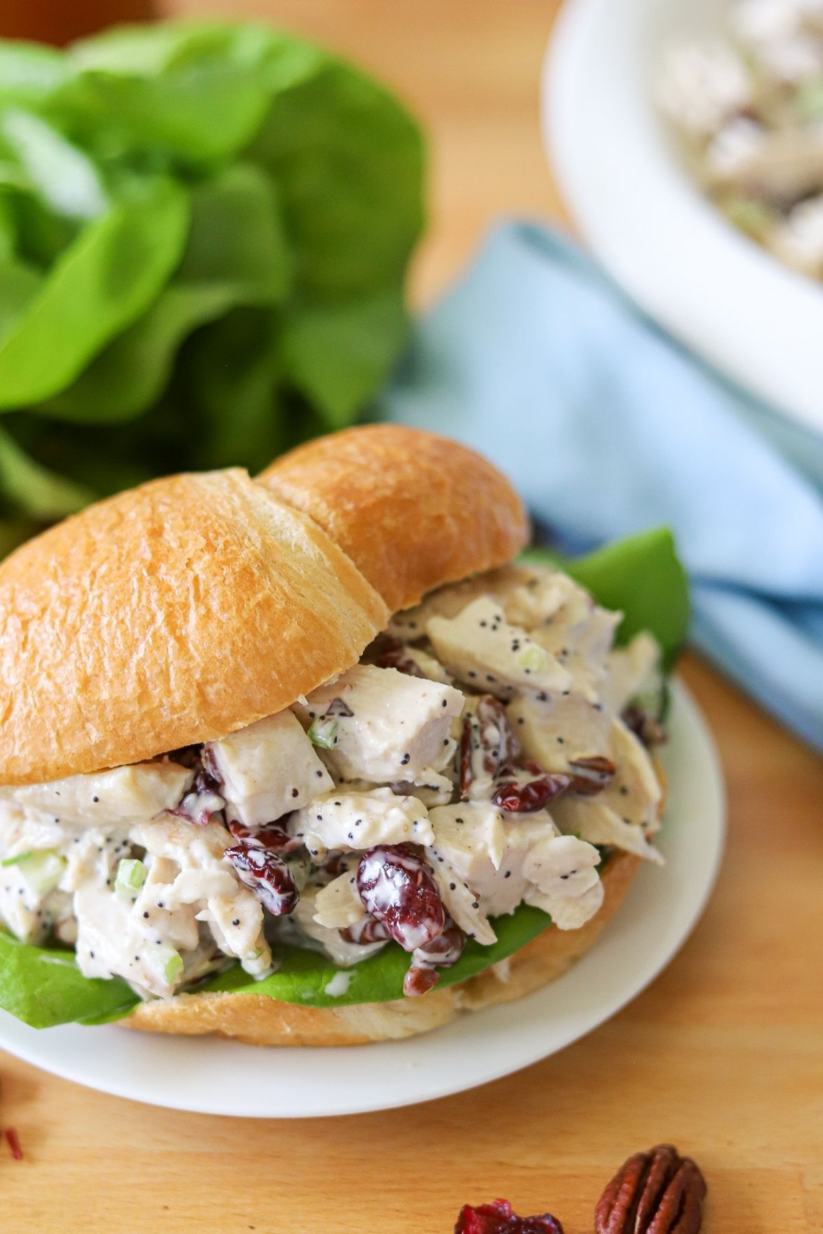 cranberry pecan chicken salad on a croissant with lettuce