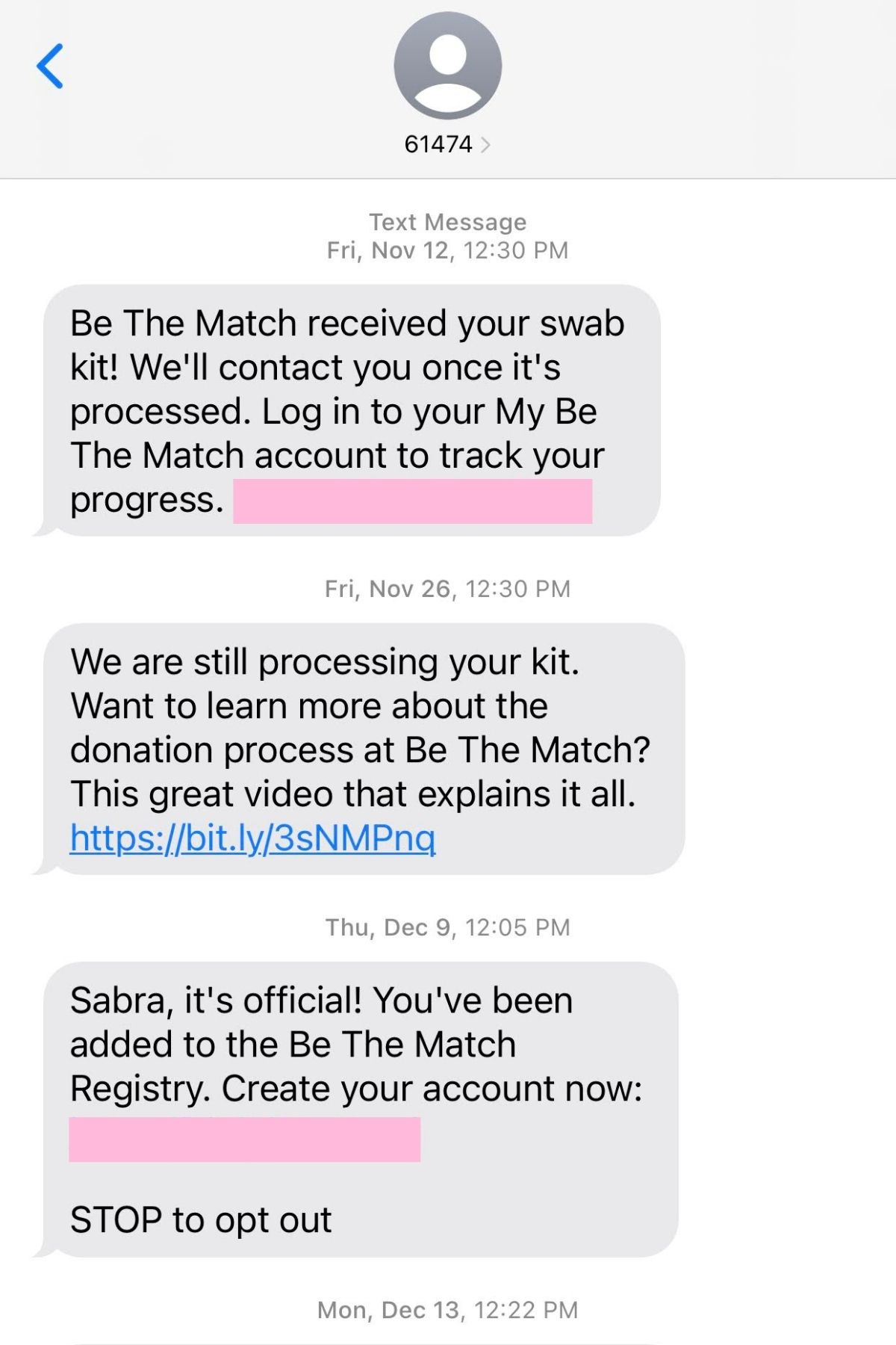 A text message thread from Be the Match