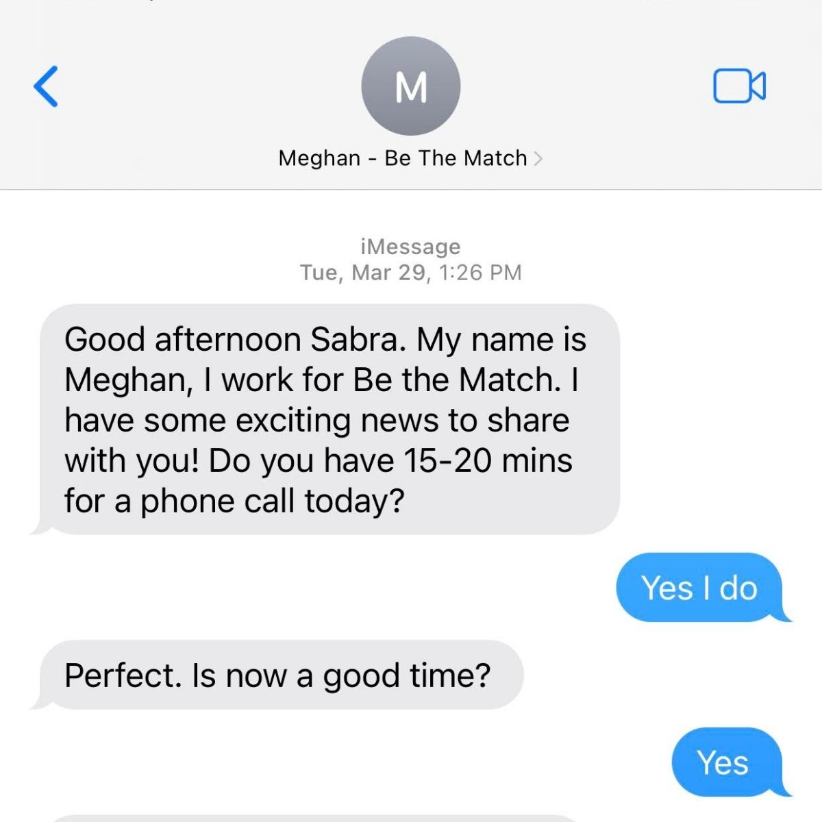 a text message thread from a donor coordinator at be the match