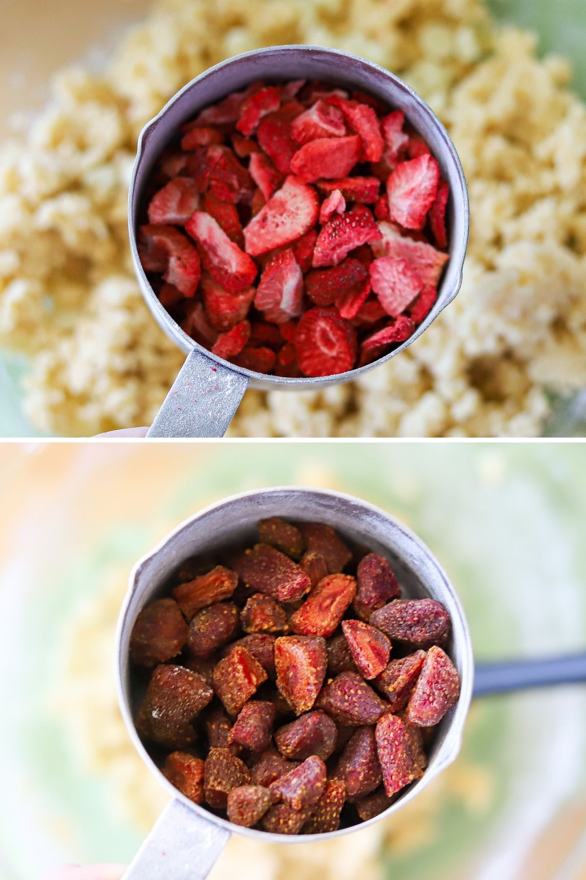 two images of a measuring cup filled with different varieties of dried strawberries for making strawberry shortcake cookies.