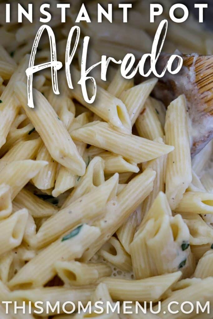 penne in Alfredo sauce with text overaly