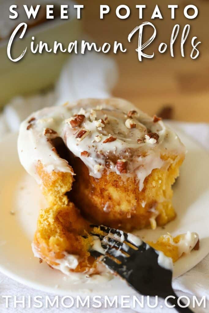 a cinnamon roll made with sweet potato on a plate with a fork