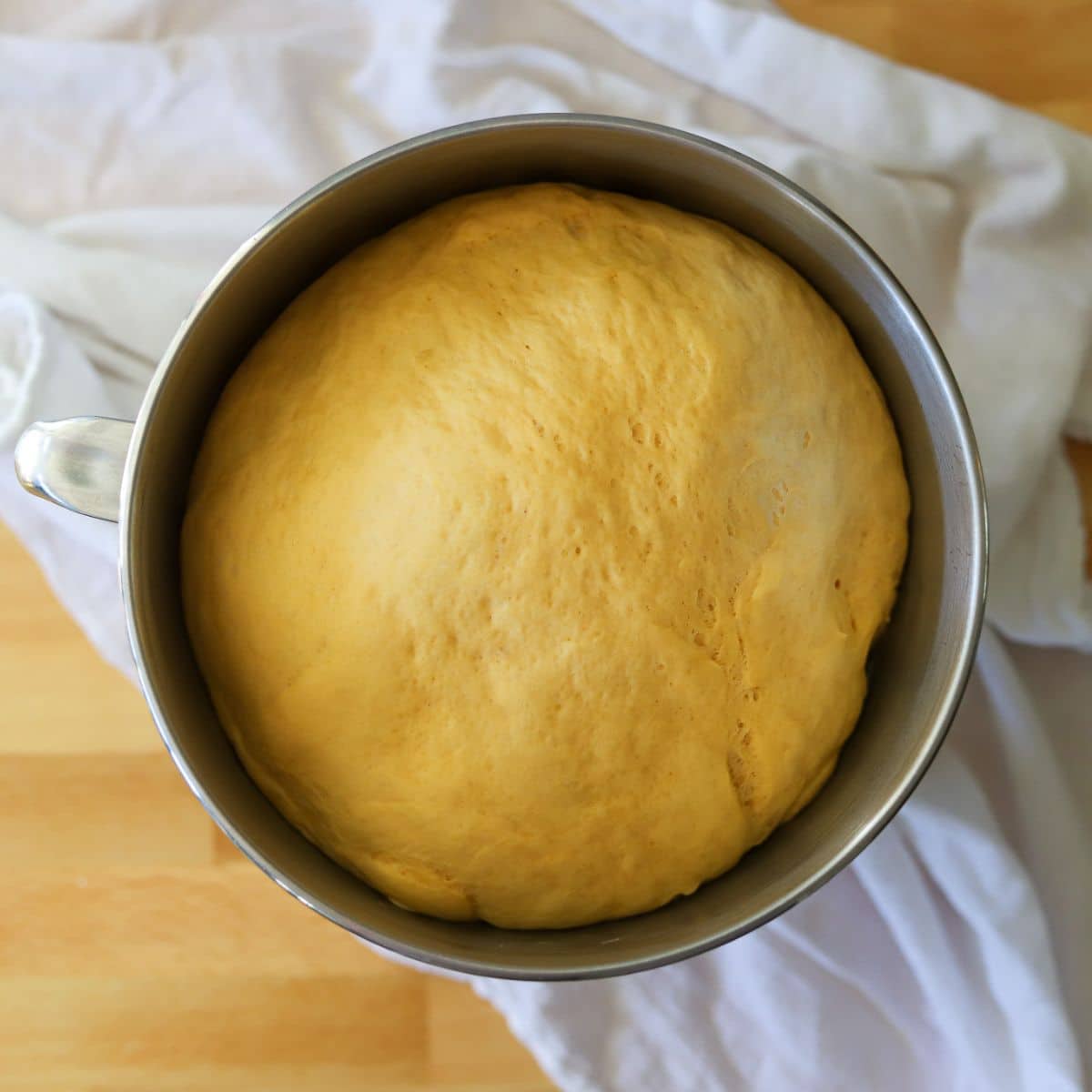 risen dough in a large mixing bowl.