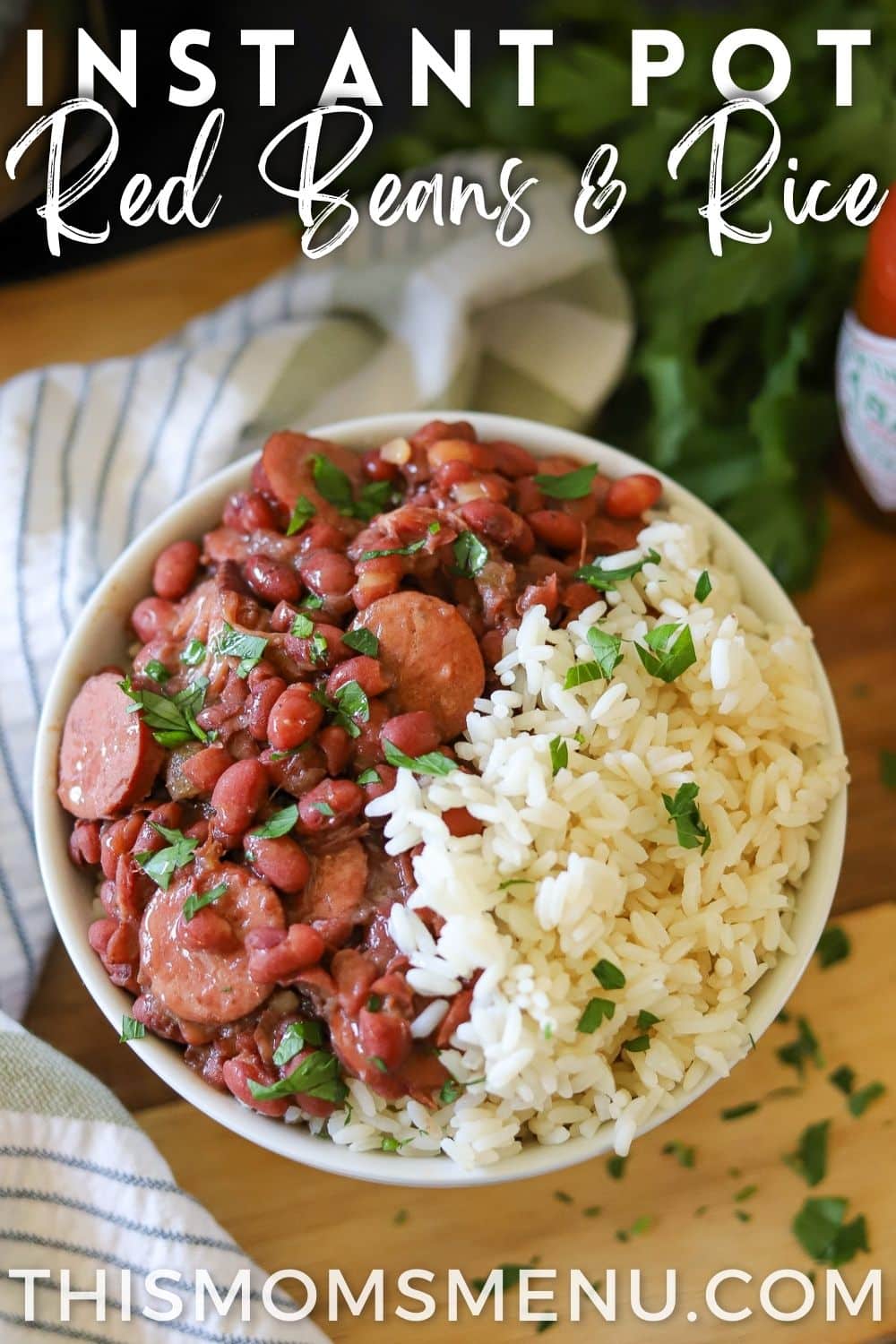red beans and rice in a bowl with text overlay