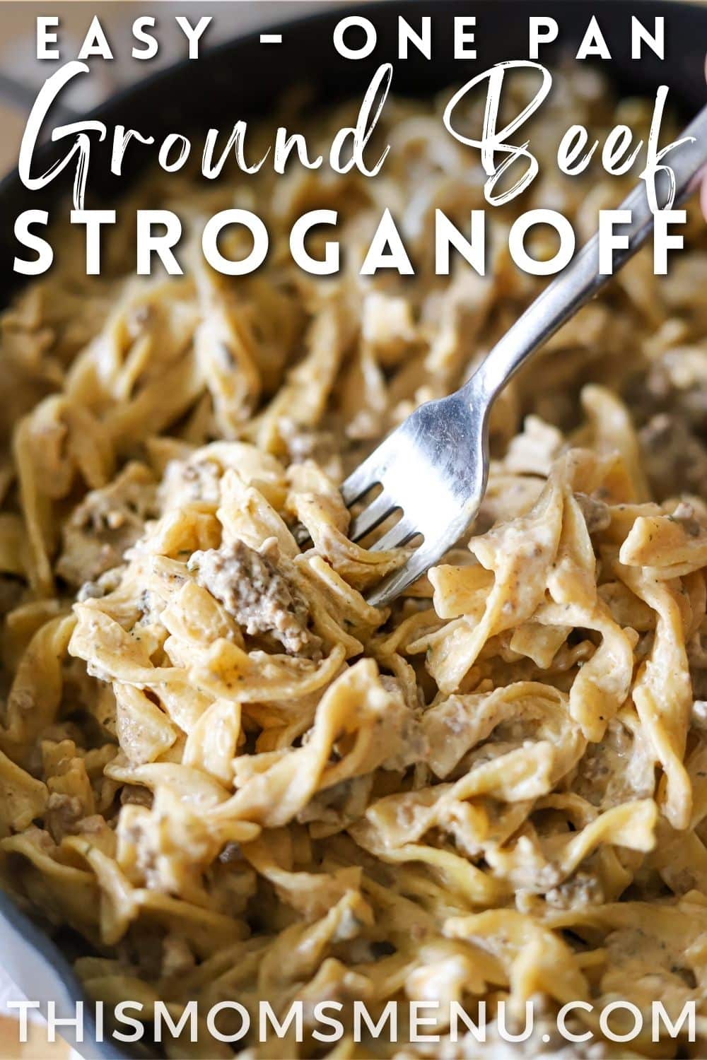 beef stroganoff made with ground beef and egg noodles in a skillet