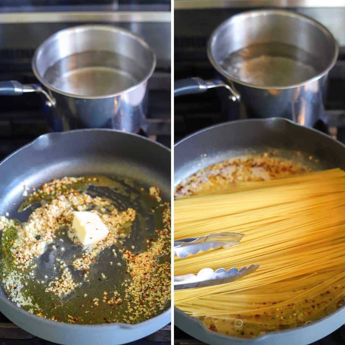 A two image photo collage showing the steps for making garlic and lemon pasta