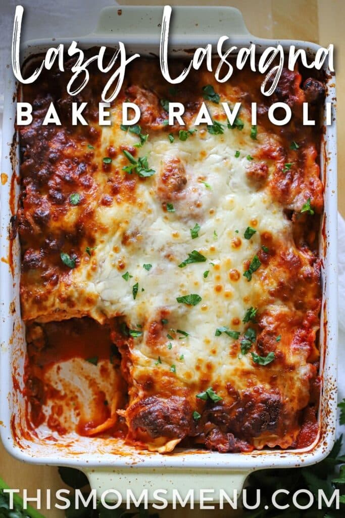 a ravioli bake with one slice missing