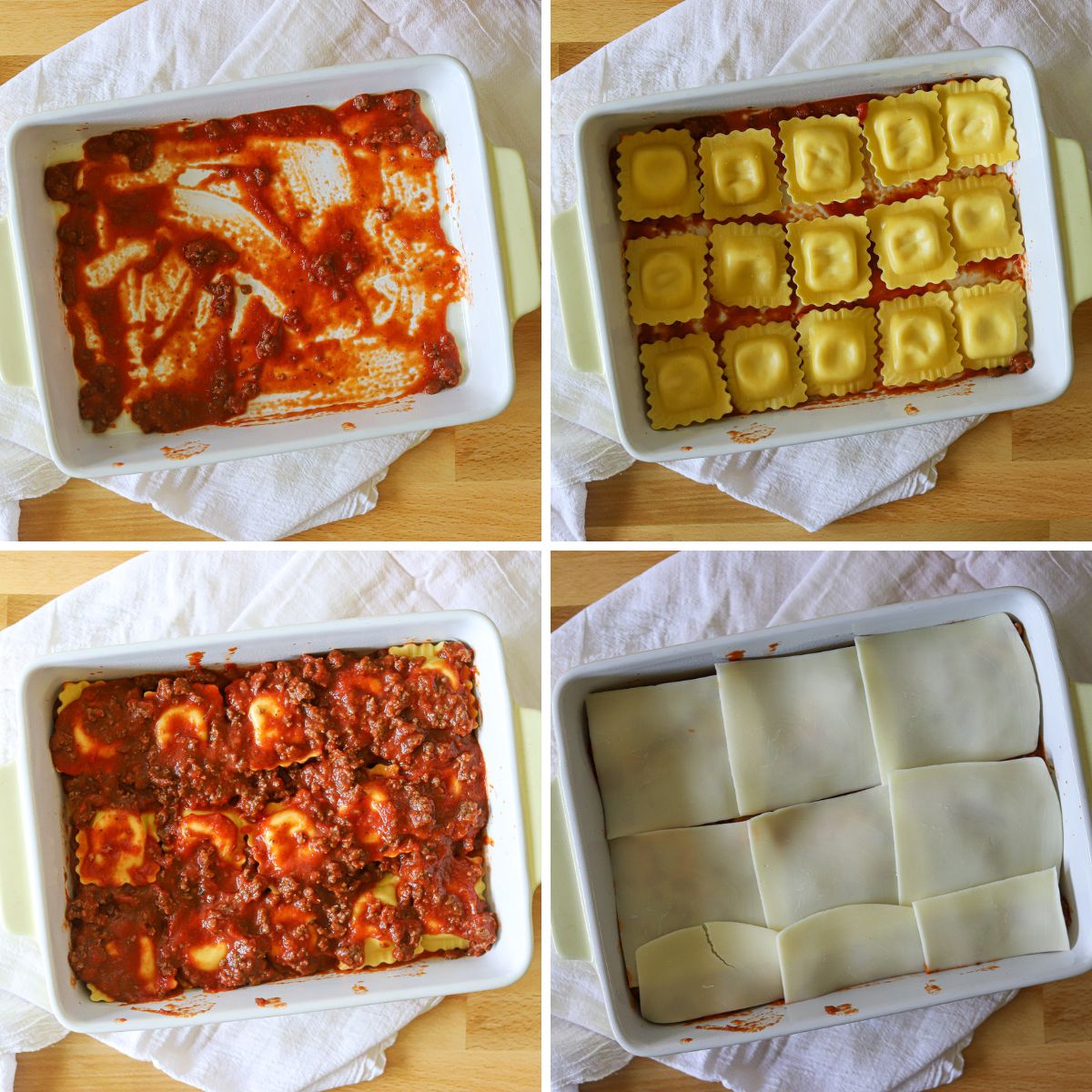 four photo collage showing the steps for layering a lazy lasagna