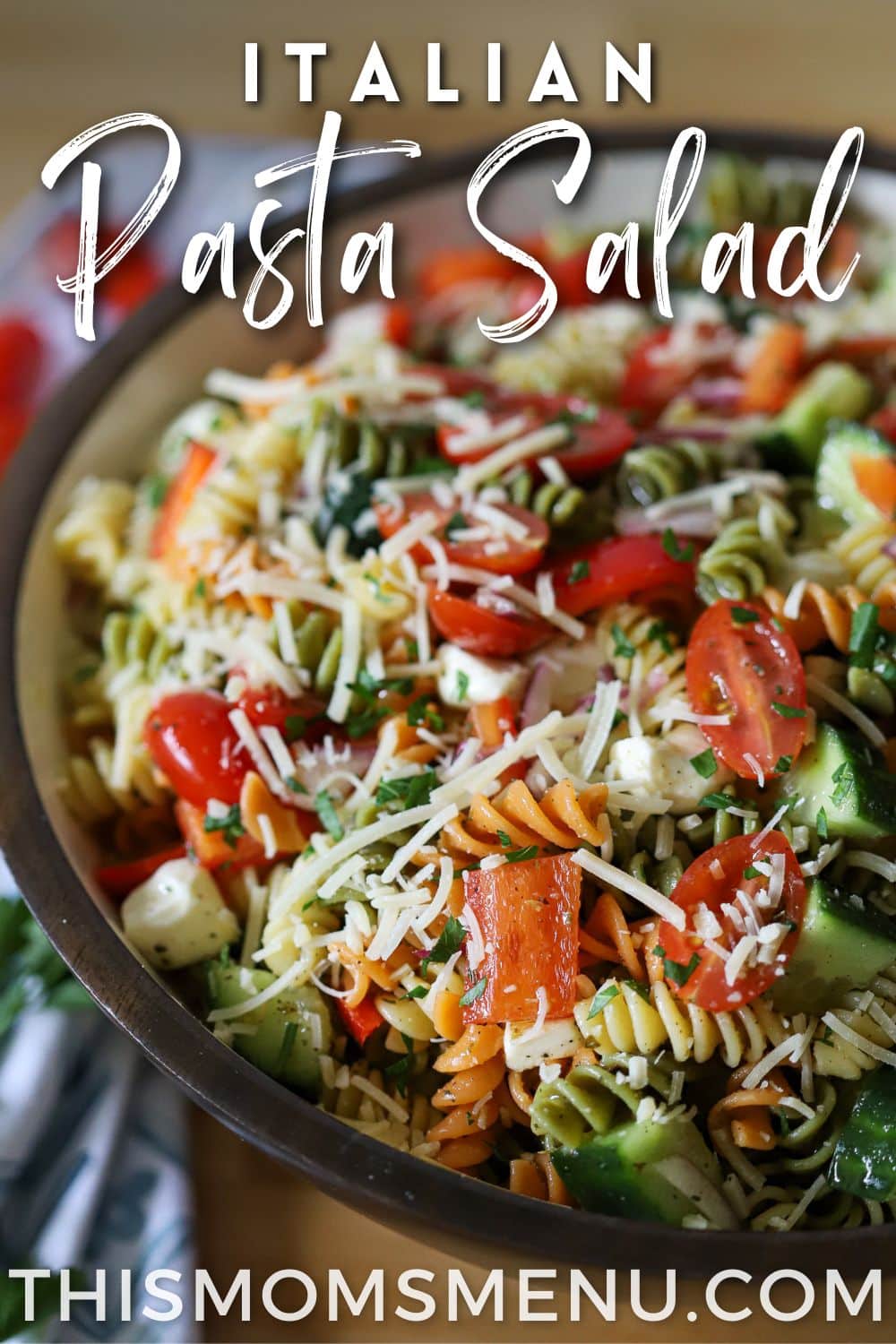 homemade tricolor pasta salad in a large bowl