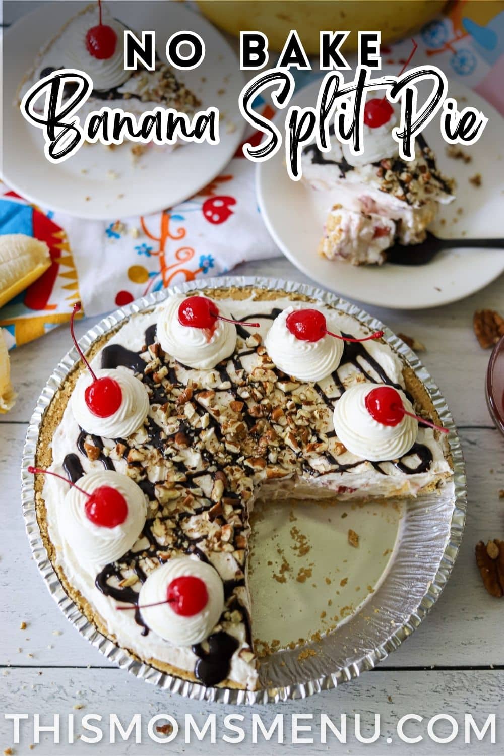 banana split made into a pie in a graham cracker crust